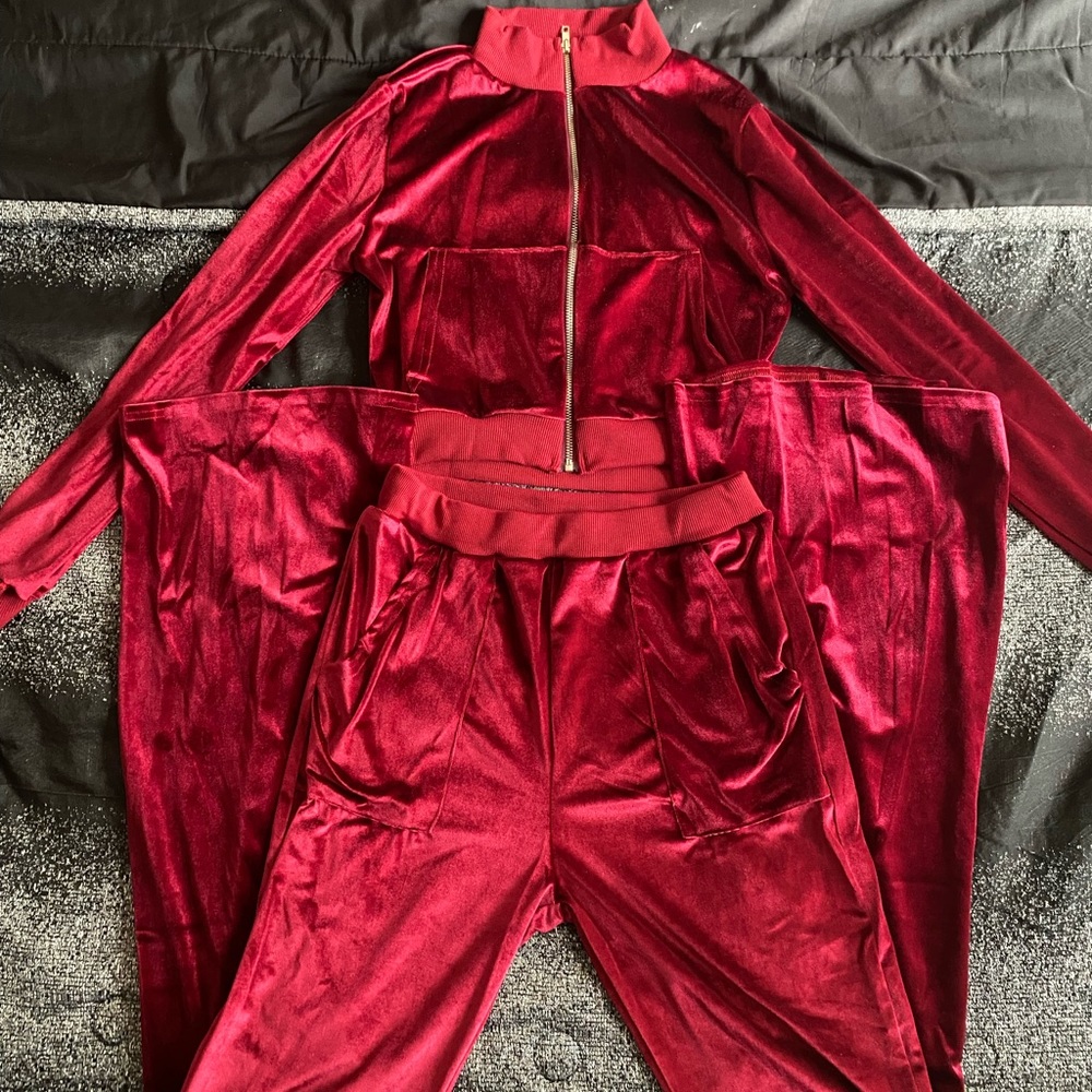 Sporty Velvet Solid Zipper 2 Piece Pant Sets